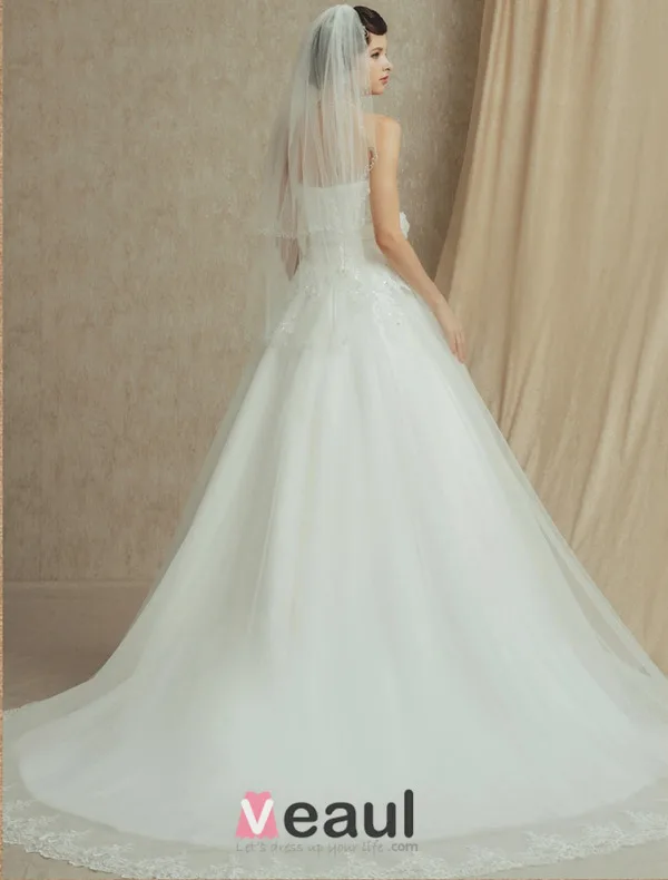 A-lijn Strapless Appliques Kant Bloem Sjerp Trouwjurken