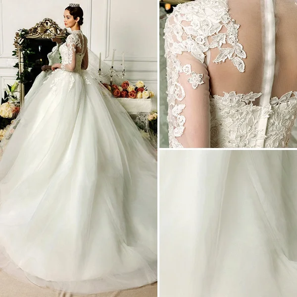 2015 Exquisite Hand Schultern 3/4 Ärmel Applikationen Spitze Ballkleid Brautkleid