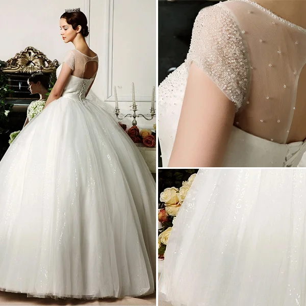 2015 Sweetheart Scoop Neck Beading Short Sleeves Floor-length Ball Gown Wedding Dress