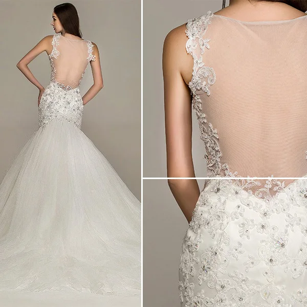 2015 Mermaid Shoulders V-neck Beading Backless Lace Wedding Dress