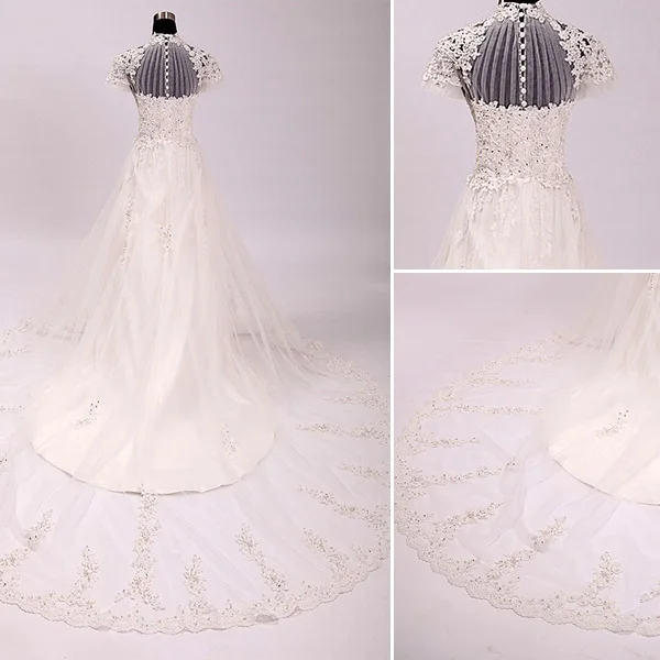 Vintage Palais Une Ligne Haute Cou Appliques De Perles Dentelle Robe De Mariée