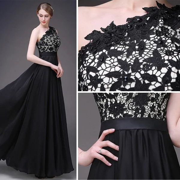 Une Ligne Une Épaule Dentelle Perles Robe De Soirée En Satin Noir
