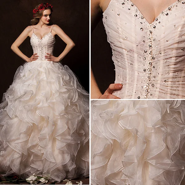 Robe De Bal Sweetheart Bretelles Spaghetti Volants En Cascade Robe De Mariée Champagne