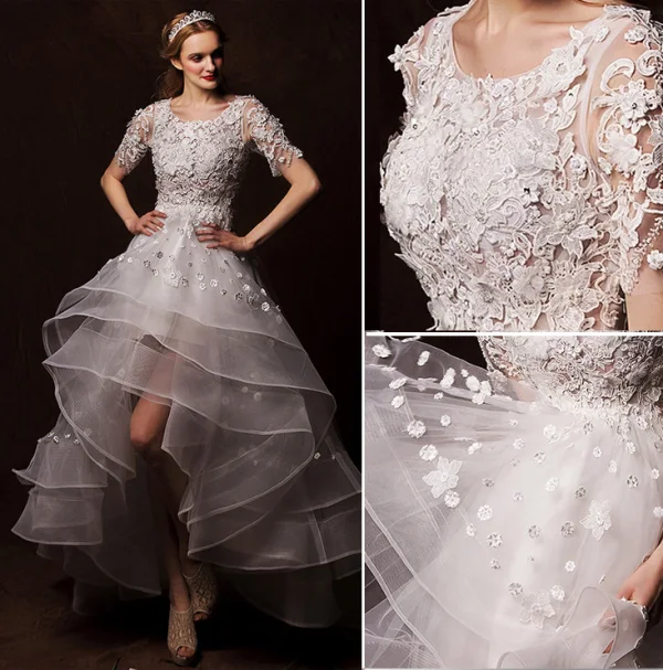 2015 A-line Shoulders Scoop Neck Asymmetrical Appliques Lace Flowers Pleated Wedding Dress