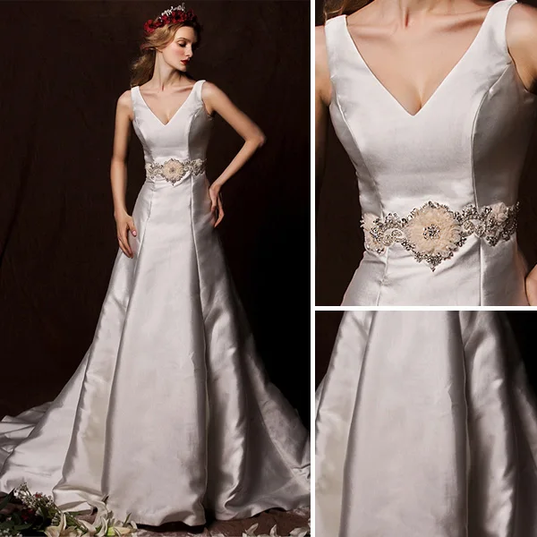 Millésime Une Ligne Épaules Robe De Mariée En Satin Col V Plongeant