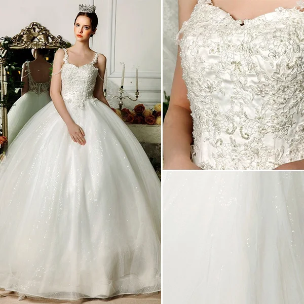Elegante Spaghettibandjes Appliques Kant Organza Baljurk Trouwjurken