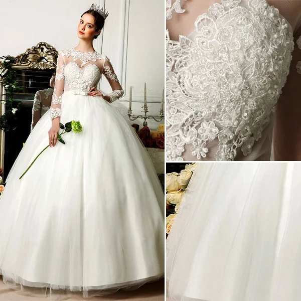 Épaules Percés Manches 3/4 Appliques De Dentelle Fleurs Robe De Mariée En Organza De Satin Ceinture