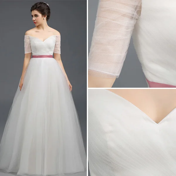 2015 A-line Off The Shoulders Short Sleeves Ruffle Tulle Wedding Dress