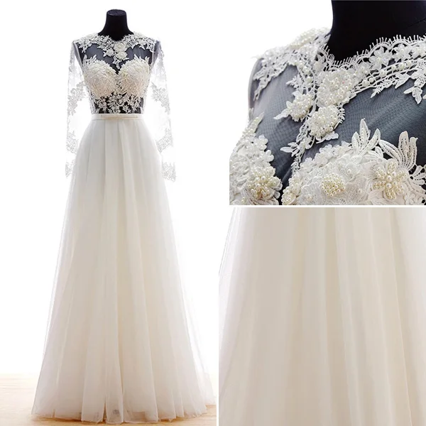 2015 Flower Serie A-line Long Sleeves Pierced Appliques Lace Beading Pearl Sash Organza Wedding Dress