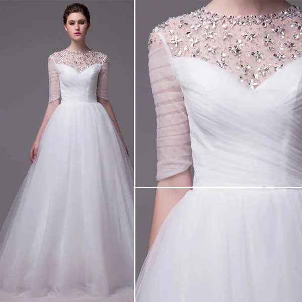 2015 A-line Beading Neckline Scoop Neck 1/2 Sleeves Ruffles Organza Wedding Dress