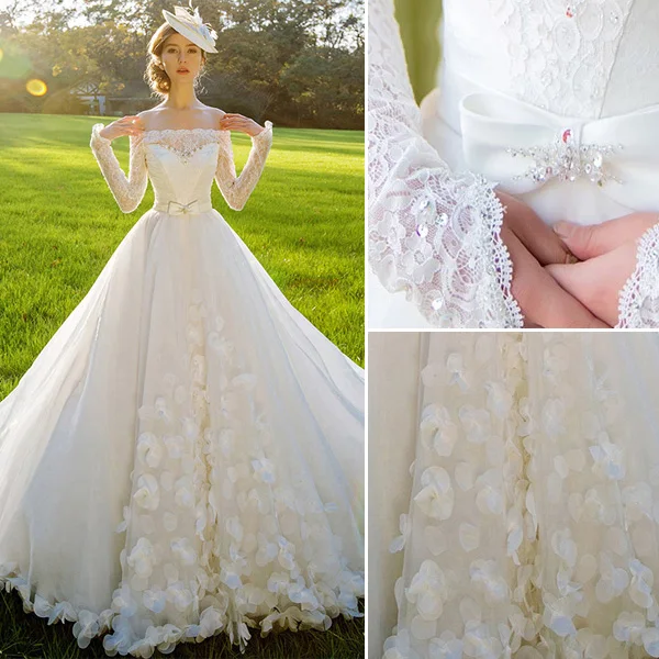 2015 A-line Square Neckline Long Sleeves Sash Bow And Long Tailing Organza Wedding Dress