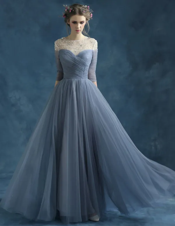 2015 Shoulders Beading Transparent Scoop Neckline Ink Blue Chiffon Evening Dress