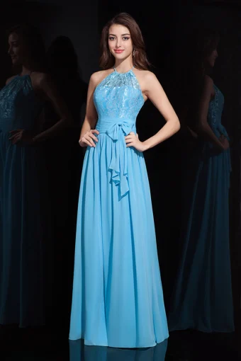 2015 Gorgeous A Line Halter Floor Length Blue Lace Evening Dress