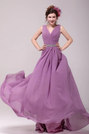 2015 Pretty V Neck A Line Beading Sash Long Bridesmaid Dresses