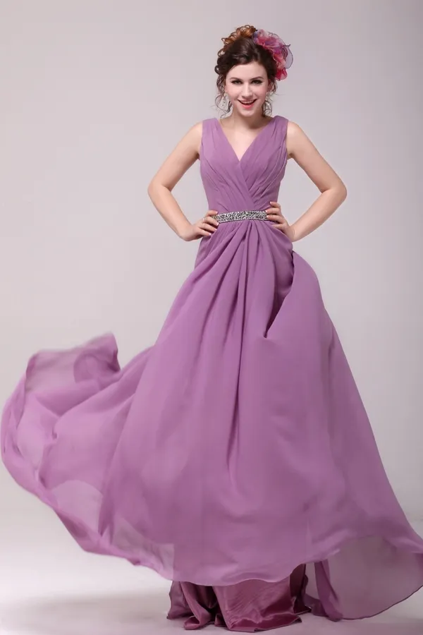 2015 Pretty V-cuello Del A-line Que Rebordea Sash Largo Vestidos De Damas De Honor