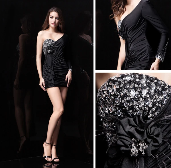 Magnifique Fourreau Plissée Perles Robe De Cocktail Noire