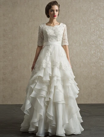 2015 A Line Shoulders Square Neckline Appliques Lace Satin Sash Ruffles Wedding Dress