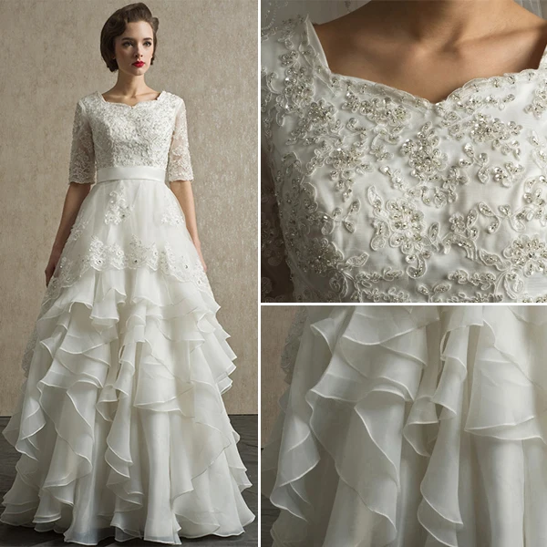 Une Ligne Épaules Carrées Appliques Décolleté Dentelle Satin Volants Guillotine Robe De Mariée
