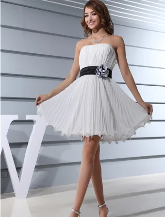 Strapless Black Sash With Flower Pleated Chiffon Cocktail Dresses