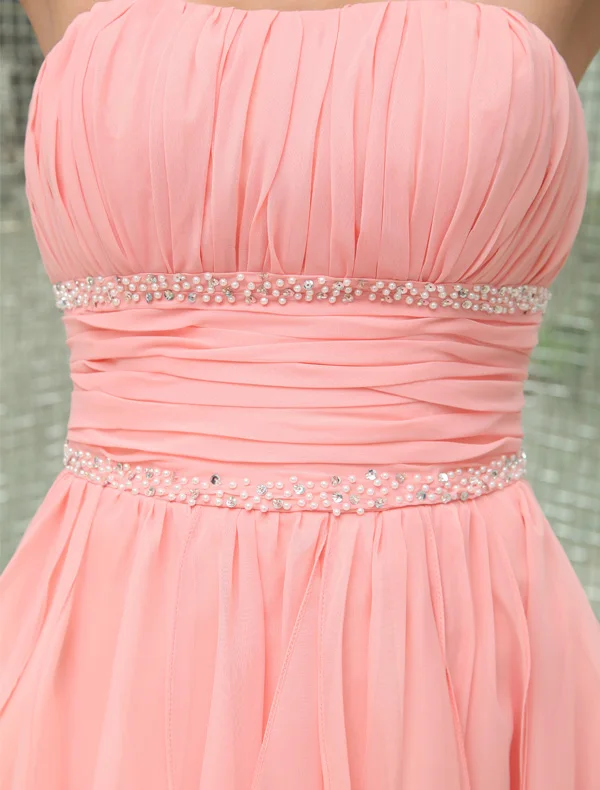 Strapless Beading Pink Asymmetrical Sash Chiffon Cocktail Dresses