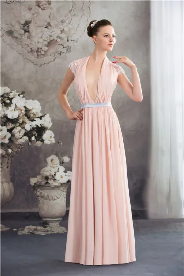 A Lijn Diepe V Hals Halter Roze Chiffon Avondjurken