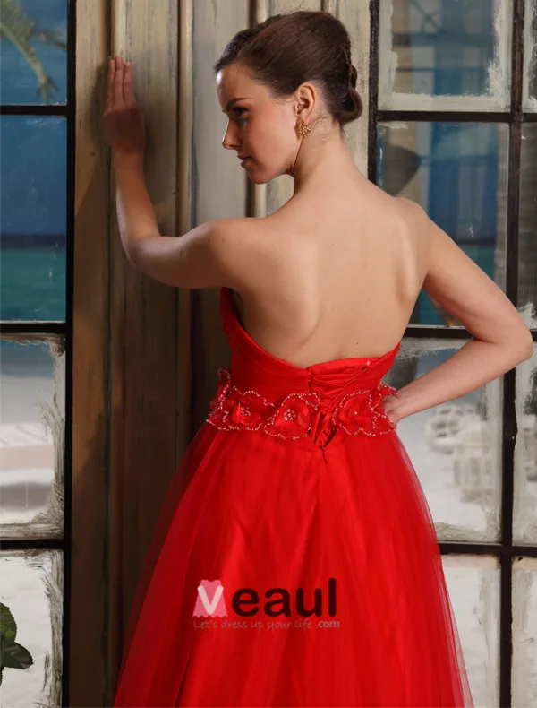 2015 Empire Sweetheart Flower Sash Pregnant Tulle Red Wedding Dress