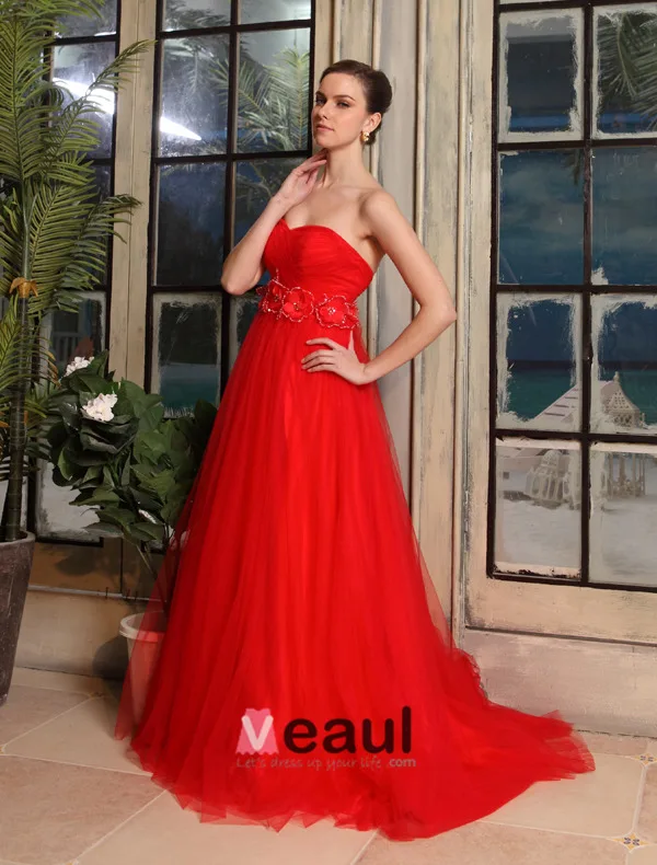 2015 Empire Sweetheart Flower Sash Pregnant Tulle Red Wedding Dress