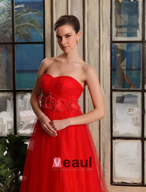 2015 Empire Sweetheart Flower Sash Pregnant Tulle Red Wedding Dress