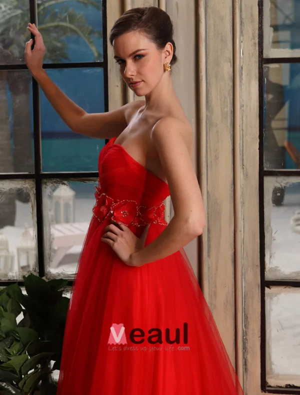 2015 Empire Sweetheart Flower Sash Pregnant Tulle Red Wedding Dress
