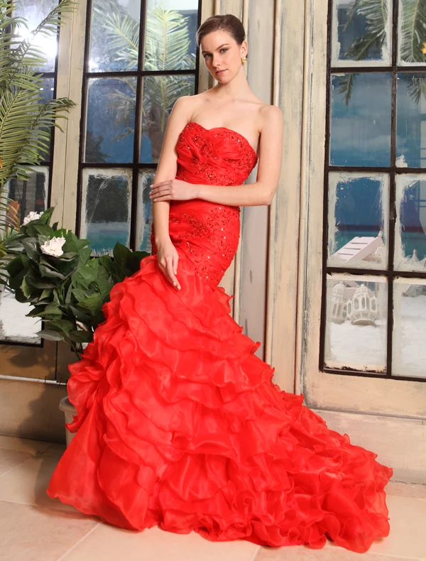 Mermaid Kjæreste Feie Tog Organza Satin Brudekjole Med Brusende Volanger