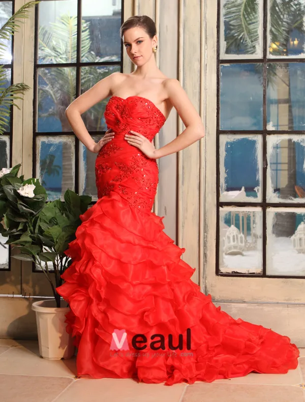 2015 Mermaid Sweetheart Sweep Train Organza Satin Wedding Dress With Cascading Ruffles