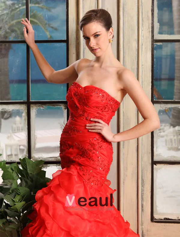 2015 Mermaid Sweetheart Sweep Train Organza Satin Wedding Dress With  Cascading Ruffles