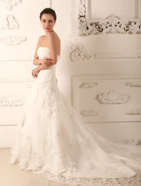 Vestido De Novia De Encaje De Tren Capilla Satén Del Amor 2015 Línea A