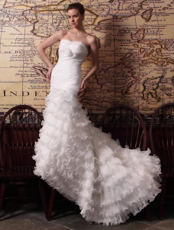 2015 Trompete Nixe Kapelle Zug Organza Satin Brautkleid Mit Kaskadierenrüschen