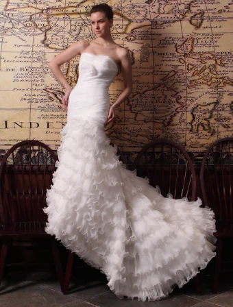 2015 Trompeta Vestido De Novia De Organza De Raso De Tren Capilla Sirena Con Volantes En Cascada