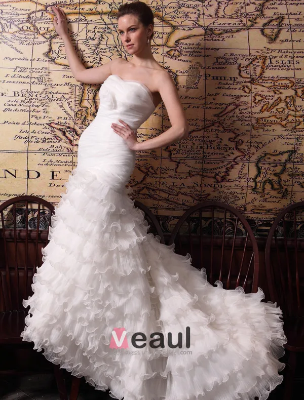 2015 Trumpet /Mermaid Chapel Train Organza Satin Wedding Dress With Cascading Ruffles