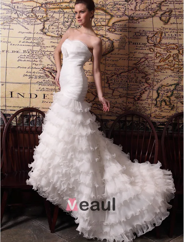 2015 Trumpet /Mermaid Chapel Train Organza Satin Wedding Dress With Cascading Ruffles