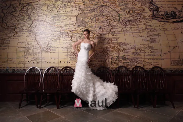 2015 Trumpet /Mermaid Chapel Train Organza Satin Wedding Dress With Cascading Ruffles