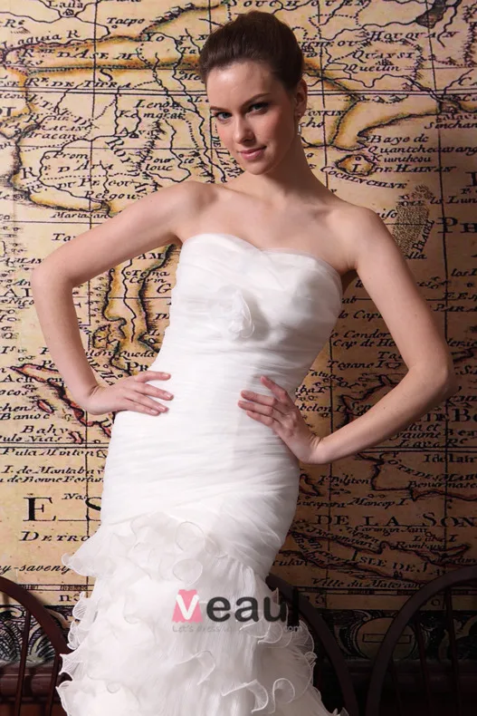 2015 Trumpet /Mermaid Chapel Train Organza Satin Wedding Dress With Cascading Ruffles