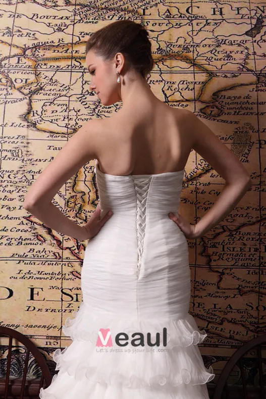 2015 Trumpet /Mermaid Chapel Train Organza Satin Wedding Dress With Cascading Ruffles