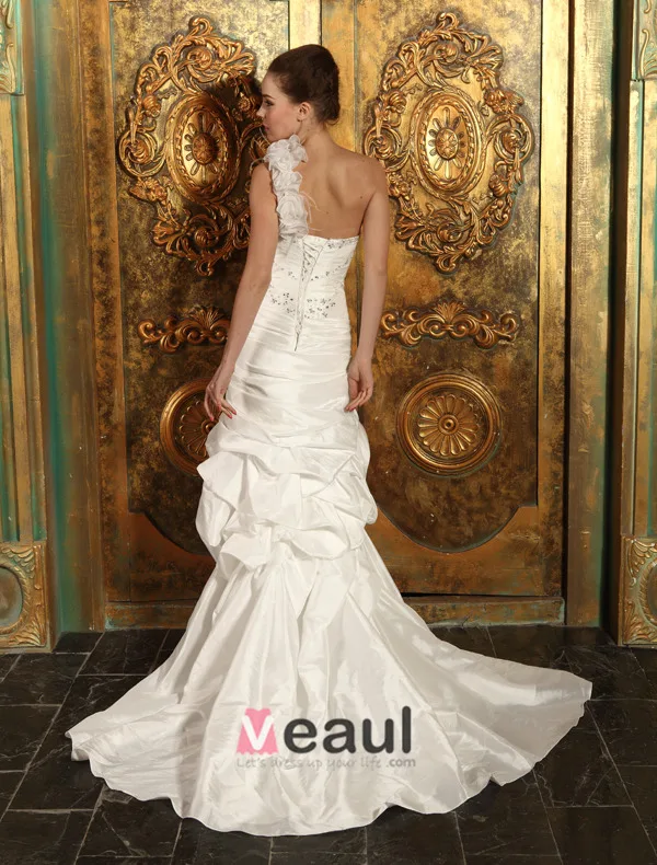 Short & Mini One Shoulder Beading Ruffles Organza Satin Wedding Dress