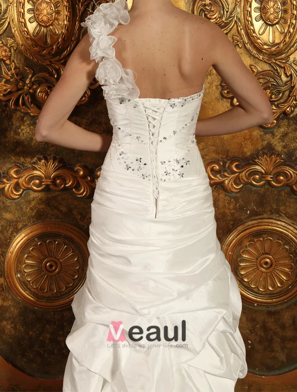 Short & Mini One Shoulder Beading Ruffles Organza Satin Wedding Dress