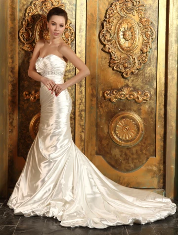 2015 Trumpet Mermaid Sweetheart Beading Sash Ruffles Satin Wedding Dress