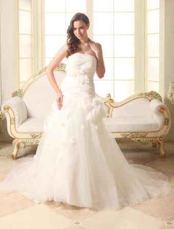 2015 Beautiful A Line Strapless With Handmade Flowers Wedding Dresses Bridal Gown