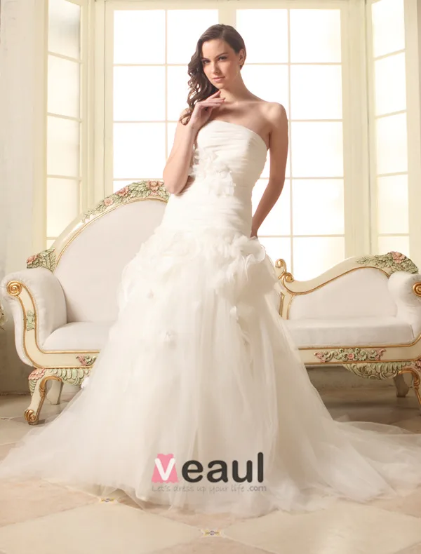 2015 Beautiful A-line Strapless With Handmade Flowers Wedding Dresses Bridal Gown