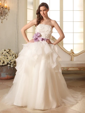 2015 Ball Gown Strapless Beading Petal Flower Sash Organza Wedding Dress