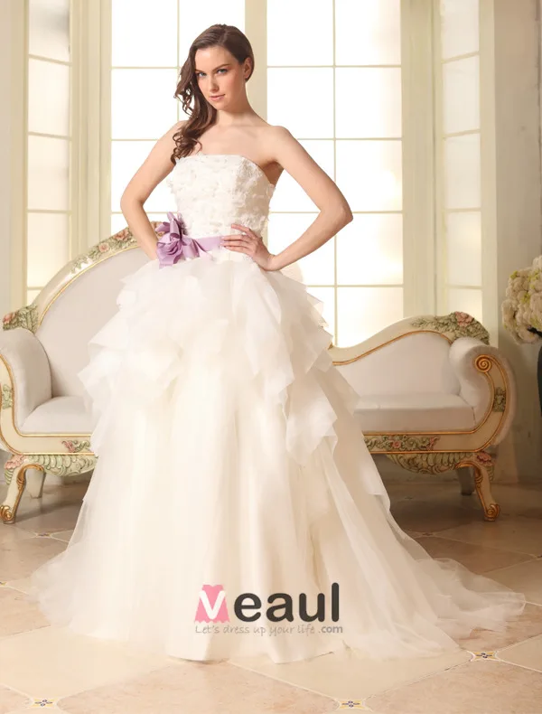 2015 Ball Gown Strapless Beading Petal Flower Sash Organza Wedding Dress
