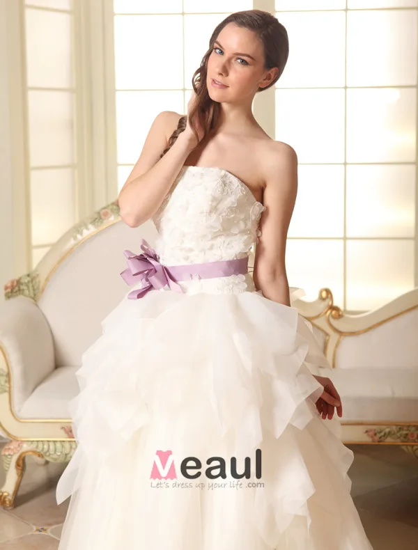 2015 Ball Gown Strapless Beading Petal Flower Sash Organza Wedding Dress