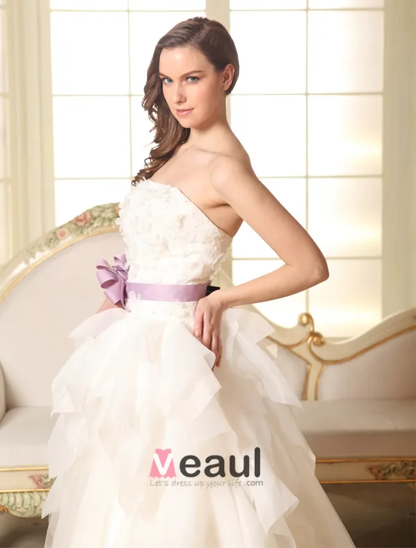 2015 Ball Gown Strapless Beading Petal Flower Sash Organza Wedding Dress