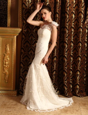 2015 Trumpet Mermaid One Shoulder Lace Beach Wedding Dress
